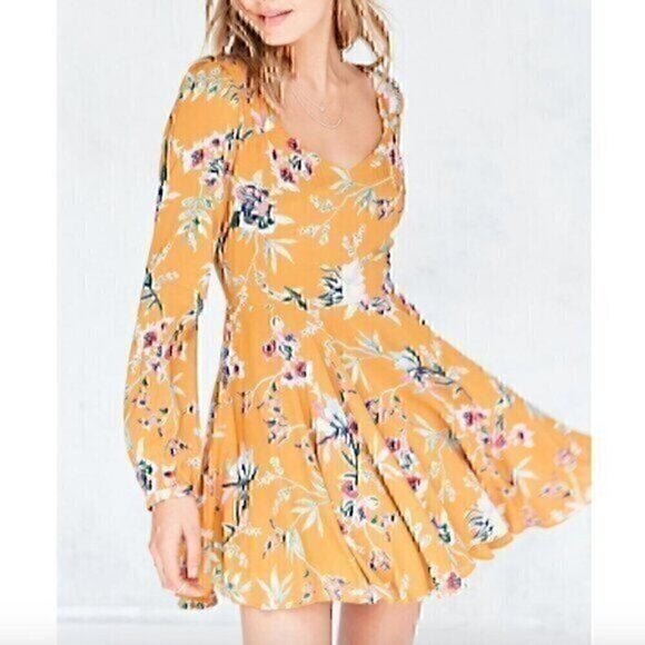 ECOTE URBAN OUTFITTERS Rosalinda Floral Long Sleeve Mini Dress Mustard Fit Flare - Picture 1 of 12